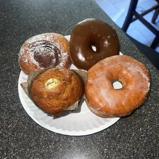 Chocolate Cream Donut, Glazed Donut, Chocolate Iced Donut, pumpkin muffin