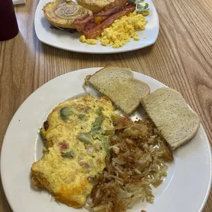Vegetable omlet, hash browns sourdough toast.  Cinnamon swirl French toast bacon and eggs.