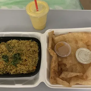 8/14/2022:  Vegetable Biryani, vegetable, paper roast Dosa, and mango lassi.