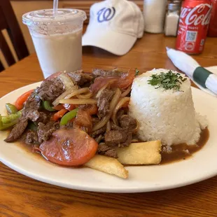 Lomo saltado with horchata