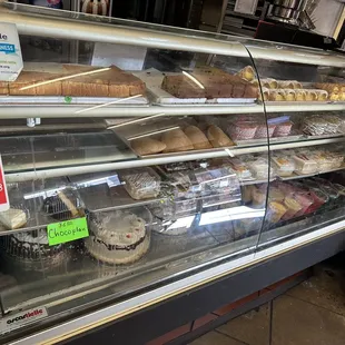 a display case of baked goods