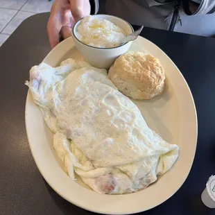 Western Omelet done with egg whites and served with grits and a biscuit