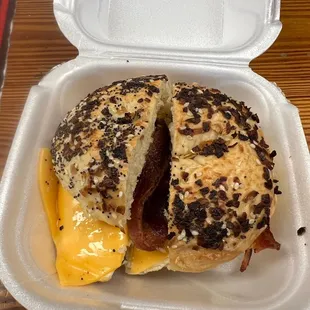 Bacon, egg and cheese on everything bagel