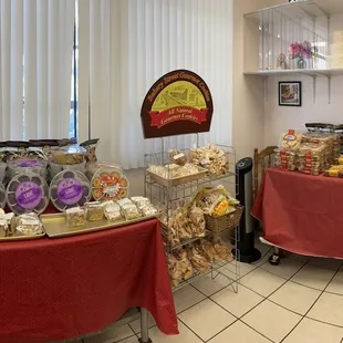 a display of cookies and pastries