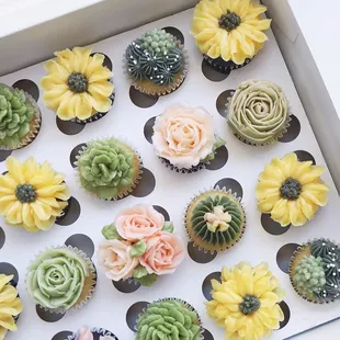 Chocolate and Vanilla Half Flower/Half Succulent Cupcakes (mini size) in buttercream sunflowers, roses, and light green succulent garden.