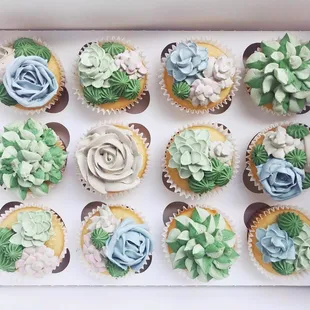 Cereal Milk Buttercream Succulent Garden Cupcakes (standard size) in Green/Blue/Grey color palette.