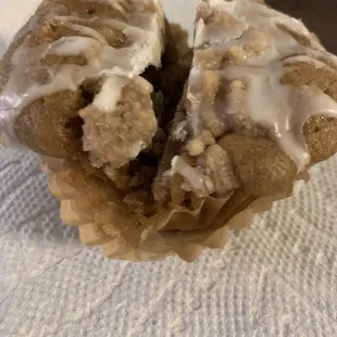 Coffee cake slices in half.