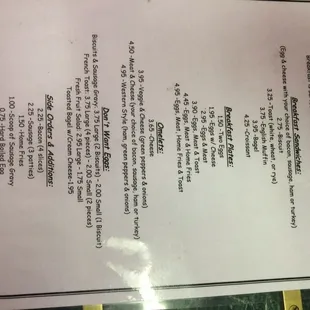 Breakfast menu