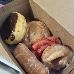 Bear claw, Boston cream, sour cream, strawberry sour cream, cinnamon bun, fritter