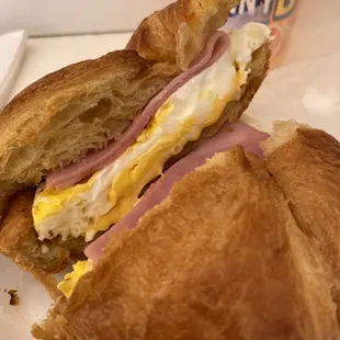 Breakfast sandwich with ham and egg and the flakiest croissant ever!