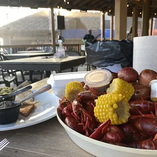 Five pounds boiled crawfish with all sides - corn niblets, sausage, mushrooms, and red skin potatoes