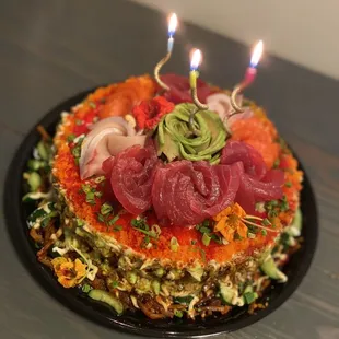 &quot;Sushi Cake&quot; with fresh sashimi (hamachi, salmon, ahi)