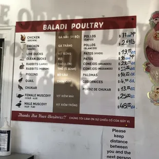 menu and price list