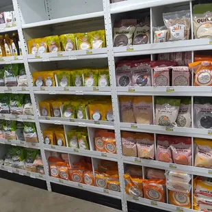 a shelf full of food