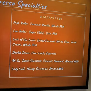 Special coffee menu