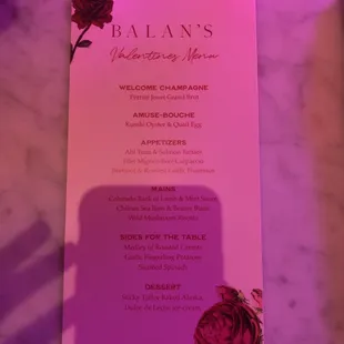 Valentine&apos;s Day Menu