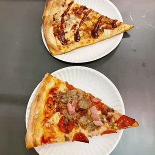 BBQ Chicken and All Meat pizza