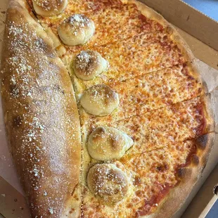 The Triple Threat. Half a pizza, whole calzone, and garlic knots in between.