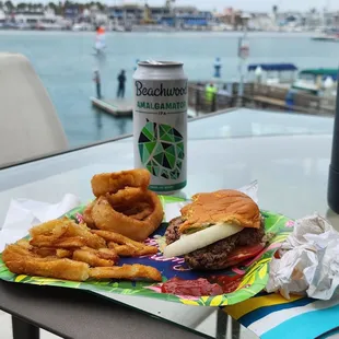 B-Boy burger, fries and onion rings