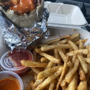 Breakfast burrito; bacon and sausage  Side order; French fries