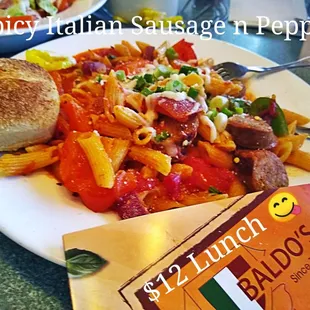 Mega Deal  Wowed Spicy Italian Sausage Peppers Onions over Pasta  on the cheap, could only eat half