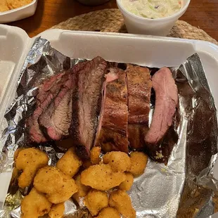 Junior Right Combo, 1/4 rack with brisket, side fried cauliflower and coleslaw.