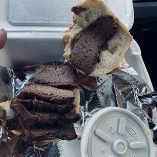 Brisket sandwich to go. Nice helping of brisket and very tasty.  I'll be back to try something else. Solid 8/10.