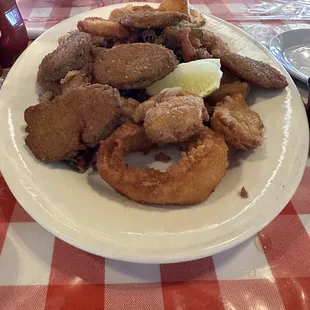 Appetizer platter. Fried shrimp, onion rings, &amp; fried pickles
