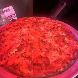 a pizza on a pink plate