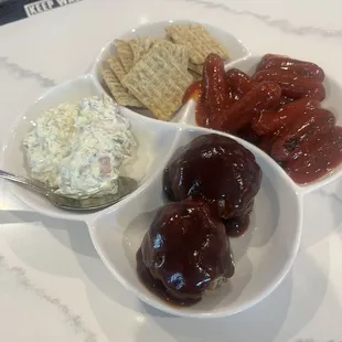 Tailgate sampler. The dip is good and unique. The meatballs and wieners were kinda cold and lacking