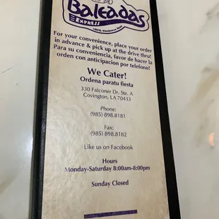 a menu for a restaurant