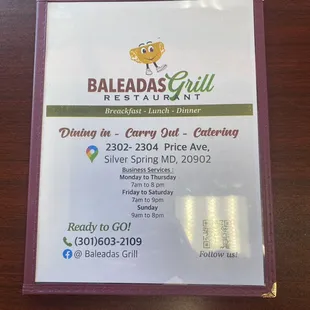 the menu for the restaurant