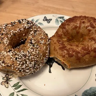 Everything bagel and Asiago bagel