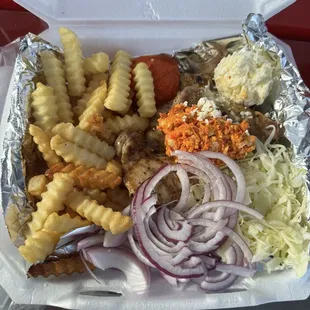 Chicken Thighs, fries, onion, cabbage and all 3 of the traditional balkin condiments!