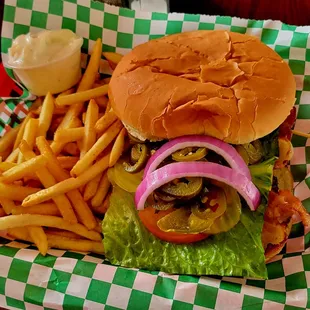 The Balkin Cheeseburger with Bacon and Jalipena peppers added. The French Fries came with the meal.