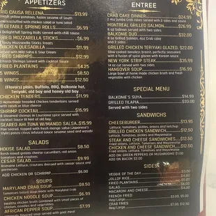 the menu of the restaurant