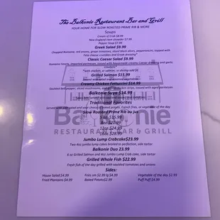 Dinner menu
