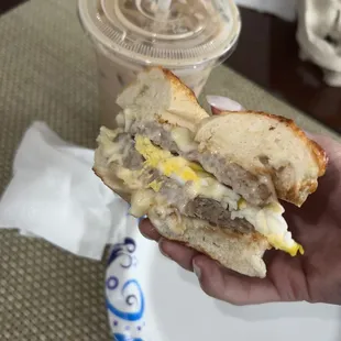 Sausage, Egg &amp; Cheese on Cheddar Bagel