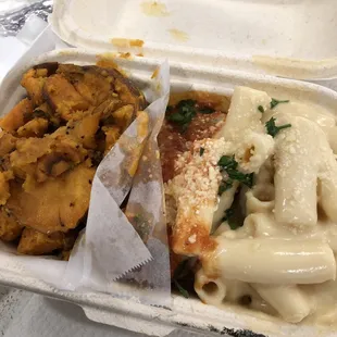 roasted sweet potato, beef meatballs, mac and cheese!"