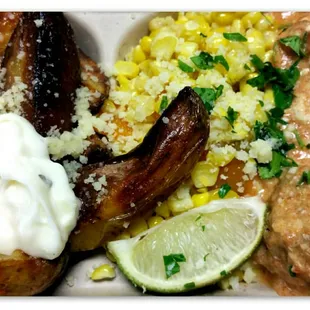 Fig and Bleu Cheese Chicken Meatballs with Spicy Corn and Golden Potatoes