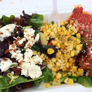 Veggie balls side of local corn &amp; goat cheese, almond, salad