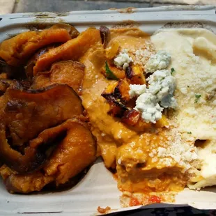 Butternut Bleu Chicken Meatballs with Mac n cheese and sweet potatoes. Yum!