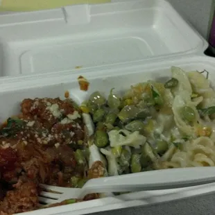 Meatballs with Rougail sauce, succotash, and mac &amp; cheese