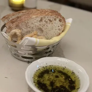 Housemade Focaccia = taralli crackers, olive oil, balsamic, pecorino