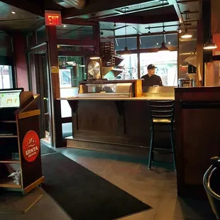 a view of a restaurant counter