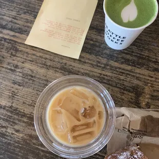 Iced chai latte with oatmilk + hot matcha latte with oatmilk. Pastries and poetry a la farmer&apos;s market.
