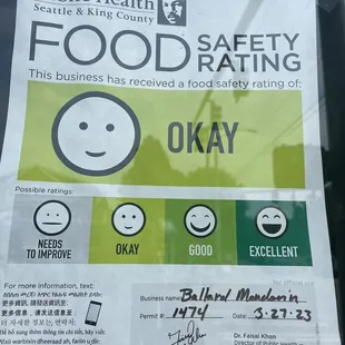 Food safety rating March 2023