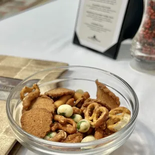 Bowl of sundry cracker snacks