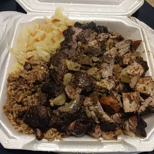 Jerk pork, rice &amp; peas, cabbage