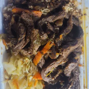 Peppered steak with bean rice